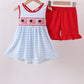 Red flag smocked stripe ruffle shorts set