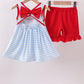 Red flag smocked stripe ruffle shorts set