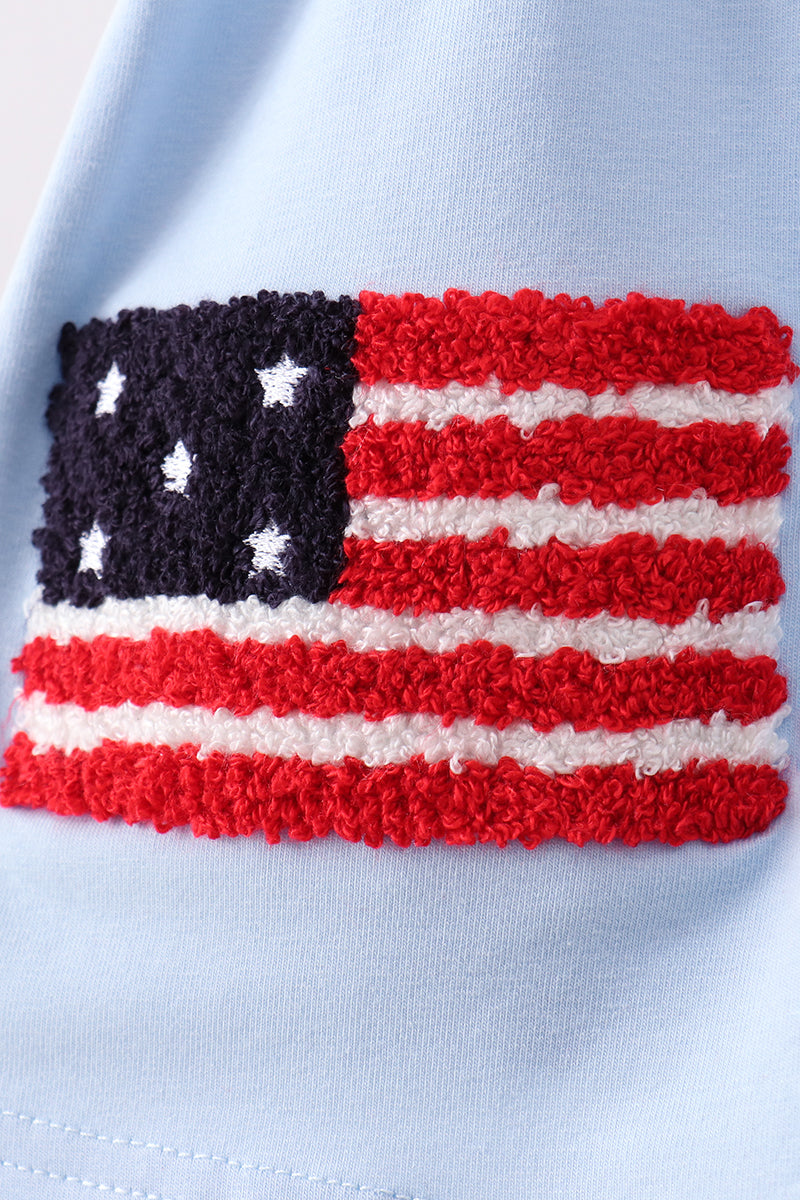 Blue god bless America flag french knot ruffle bloomer set