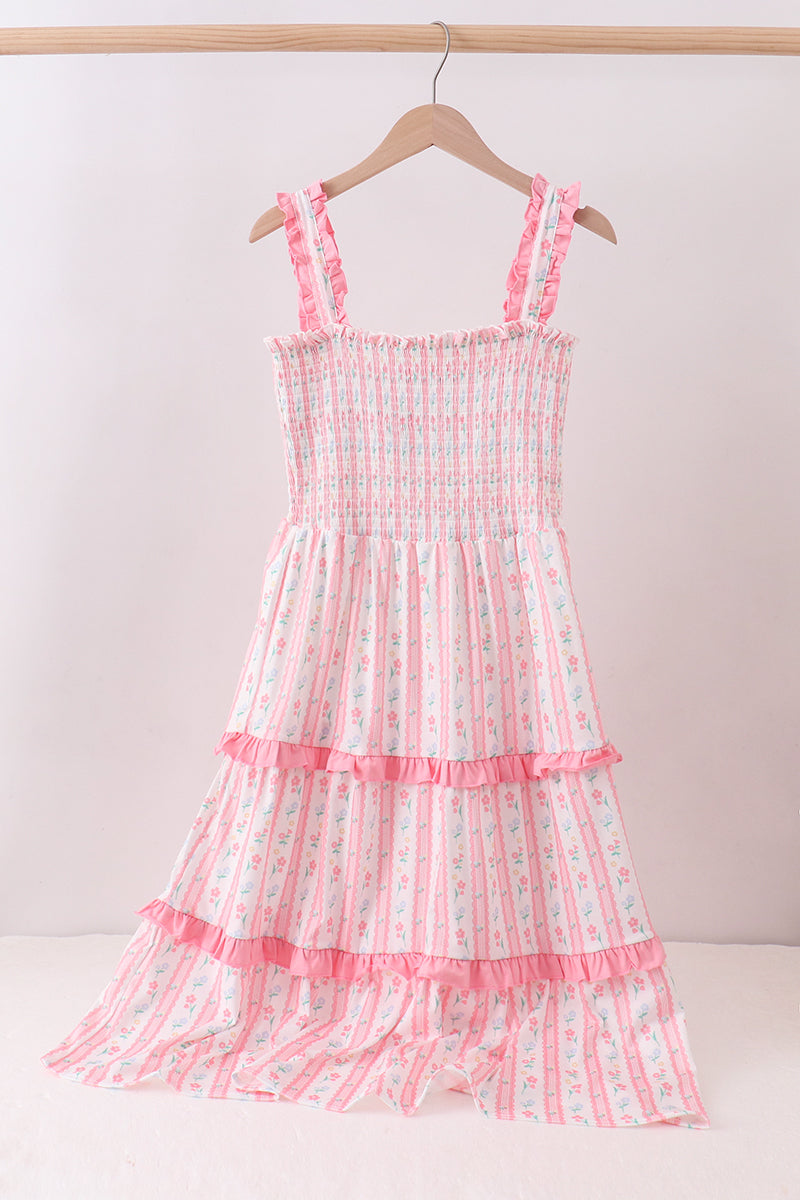 Blush floral smocked tiered dress