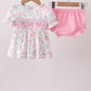 Pink floral bow smocked ruffle bloomer set