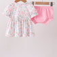 Pink floral bow smocked ruffle bloomer set