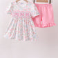 Pink floral bow smocked ruffle shorts set