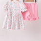 Pink floral bow smocked ruffle shorts set