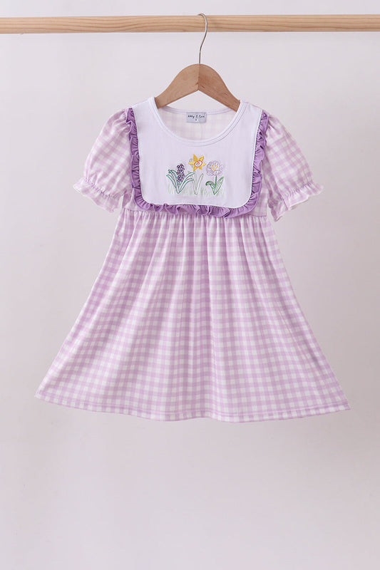 Purple floral embroidery gingham ruffle dress