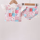 Pink floral patchwork ruffle 2pc swimsuit