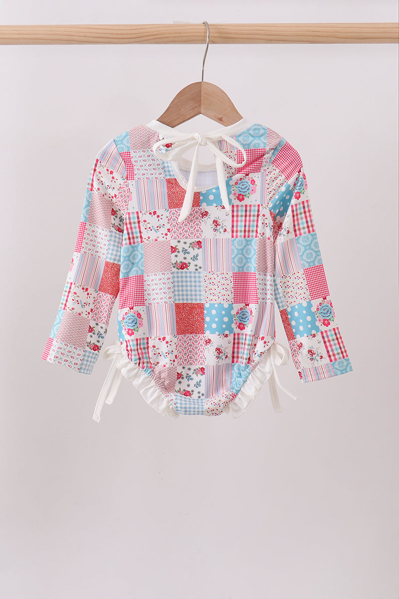 Pink floral patchwork ruffle rashguard