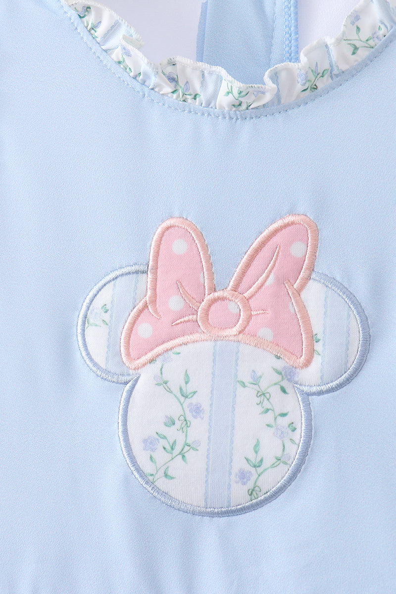 Blue character applique ruffle one-piece swimsuit