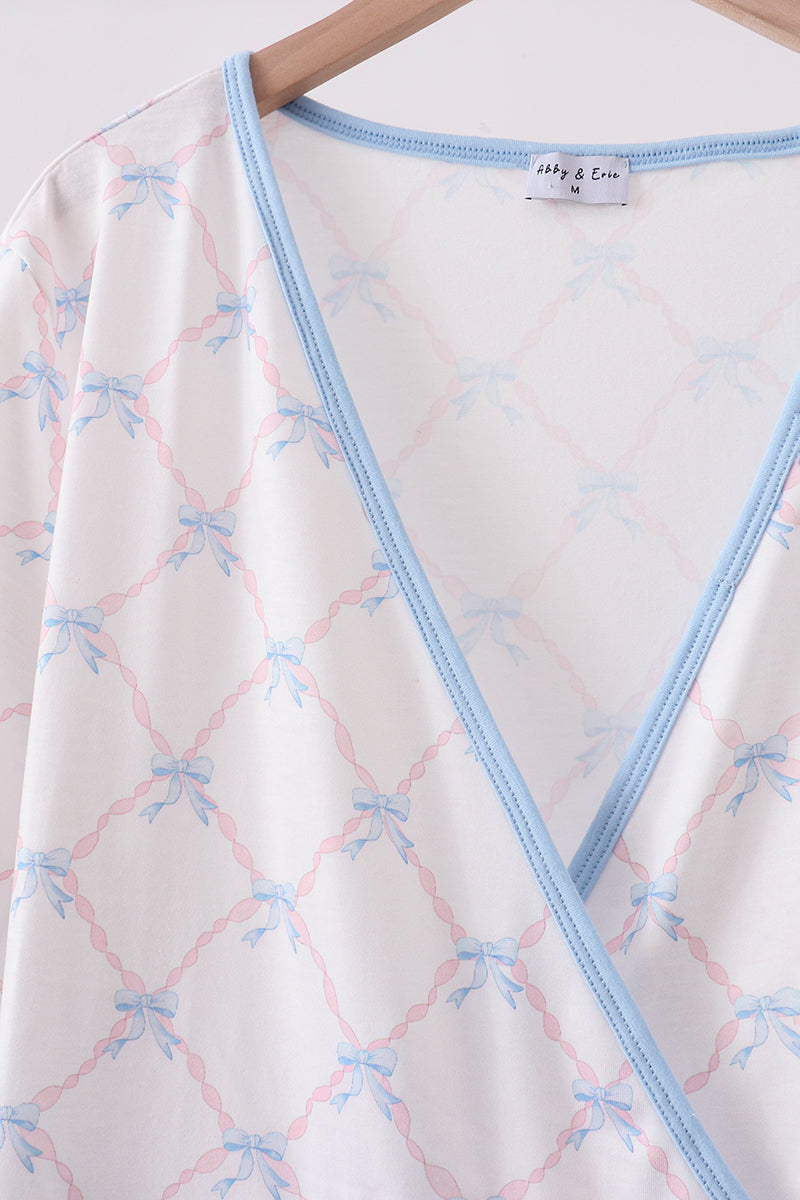 Blue bow ribbon print dress
