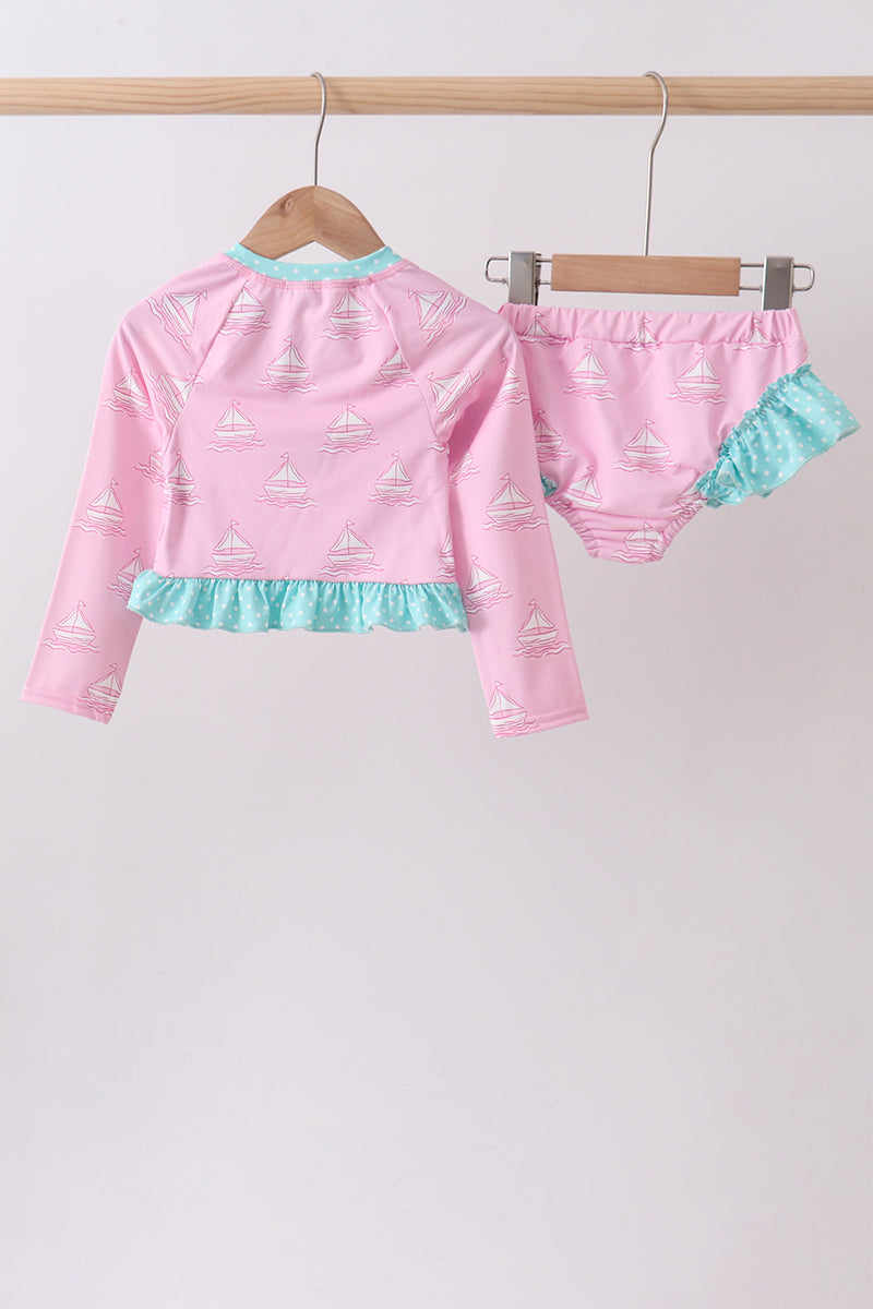 Pink sailboat print ruffle rashguard set