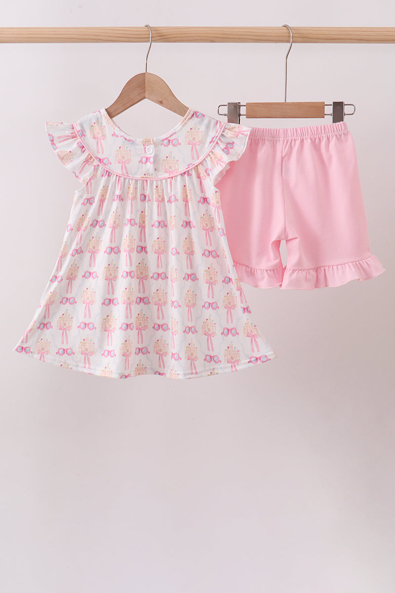 Pink bow castle ruffle shorts set