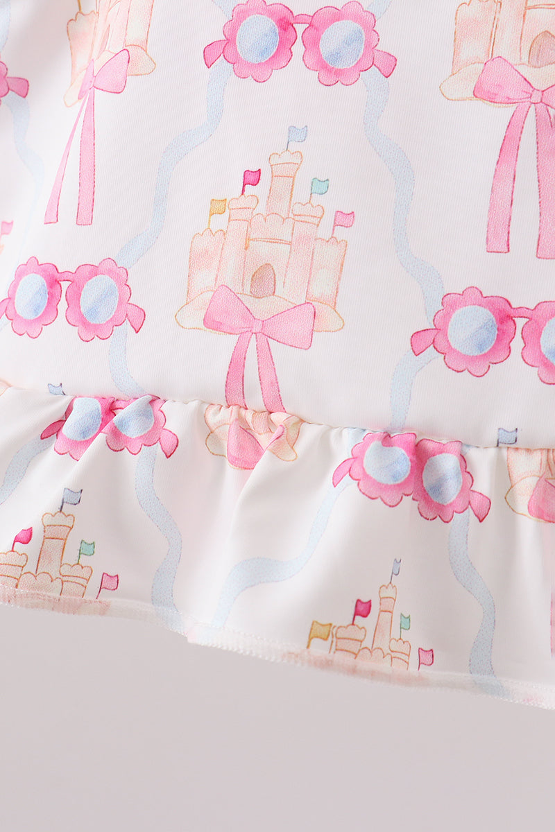 Pink bow castle ruffle 2pc swimsuit