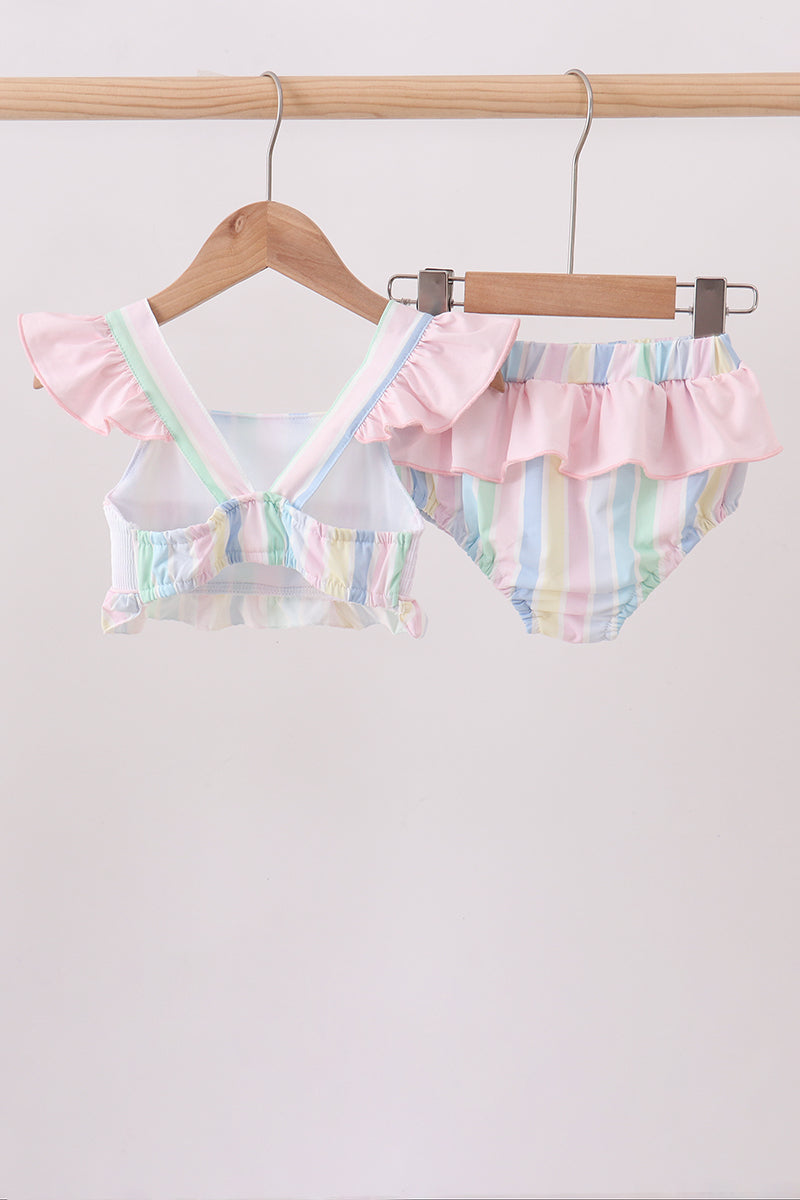 Rainbow stripe butterfly smocked ruffle 2pc swimsuit