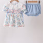 Blue Floral Smocked Ruffle Bloomer Set