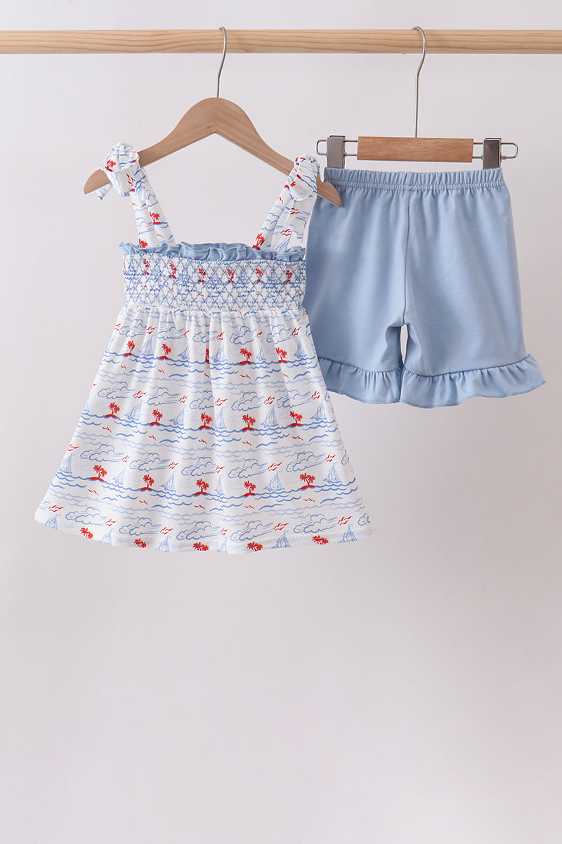 Blue Sailboat Smocked Set