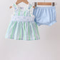 Green Stripe Smocked Bow Seersucker Bloomer Set