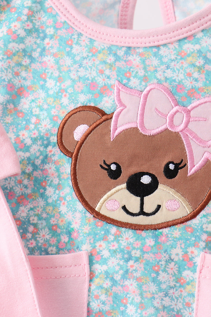 Green Bear Floral Applique Bloomer Set