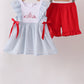 Blue Embroidered Swiss Dot Ruffle Set