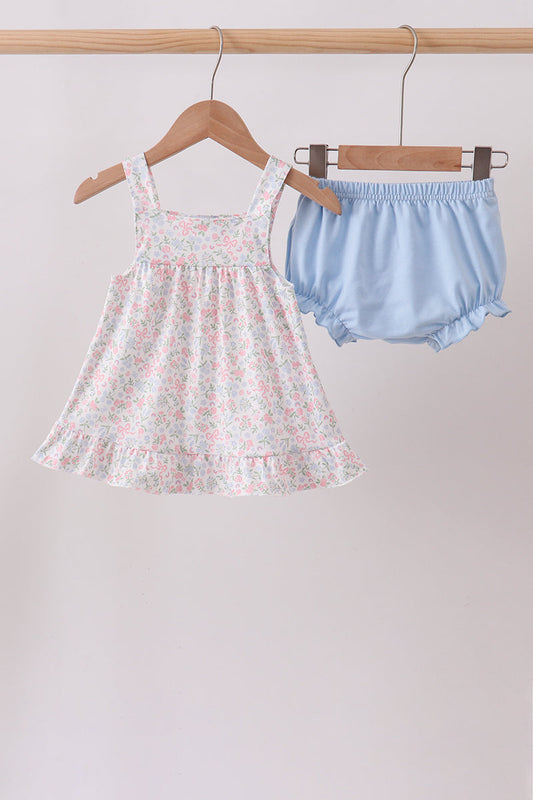 Blue Floral Print Ruffle Bloomer Set