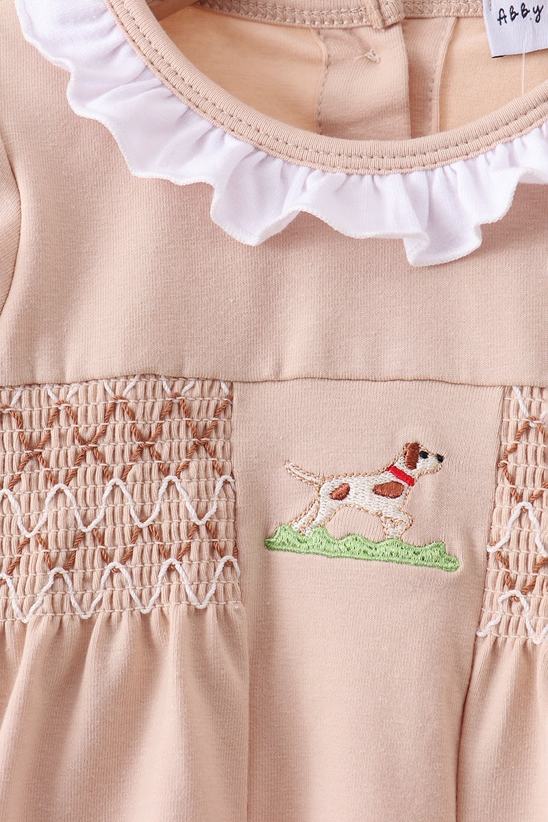 Khaki Puppy Smocked Bloomer Set