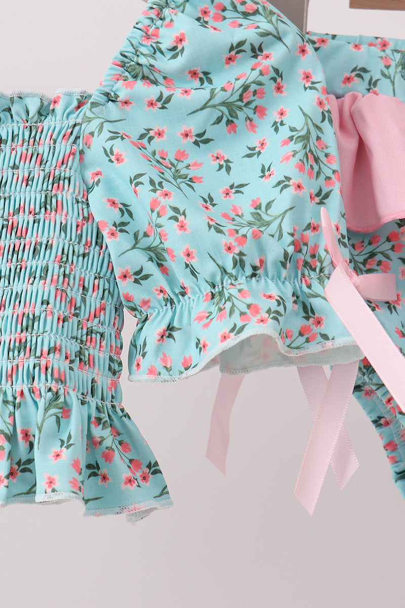 Green Floral Smocked Swimsuit