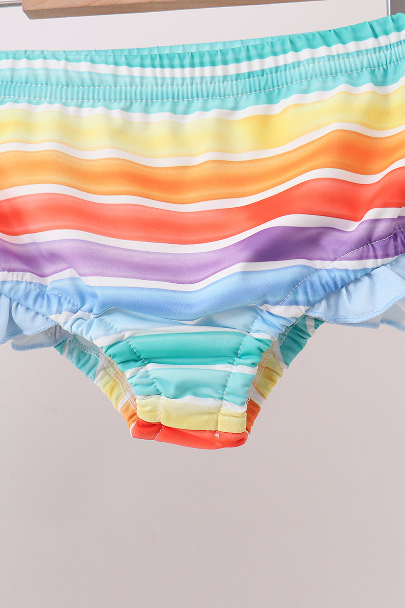 Rainbow Stripe Bow Ruffle Rashguard Set