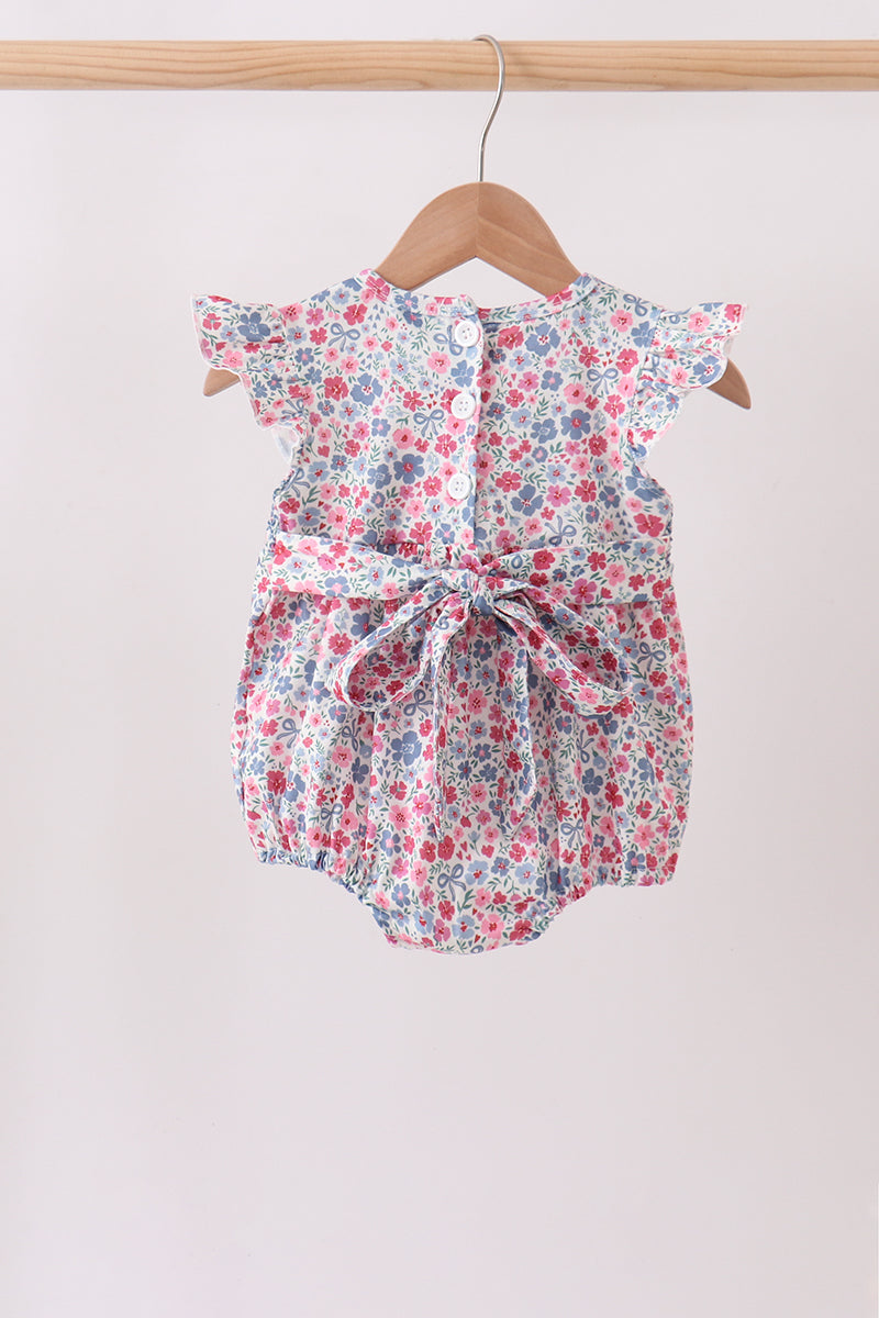 Blue Floral Smocked Ruffle Bubble