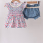 Blue Floral Smocked Ruffle Bloomer Set