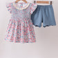 Blue Floral Smocked Scalloped Shorts Set