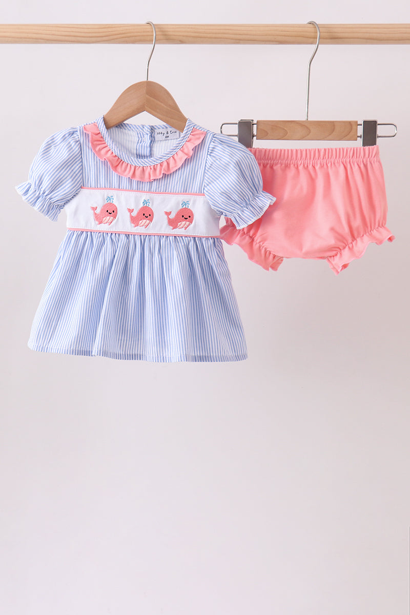 Blue Whale Embroidered Seersucker Bloomer Set