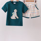 Teal Puppy Applique Plaid Set