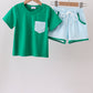 Green pocket grid shorts set