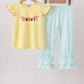 Yellow Apple Crayon Embroidered Ruffle Pants Set