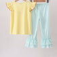 Yellow Apple Crayon Embroidered Ruffle Pants Set