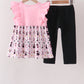 Pink Cat Embroidery Ruffle Pants Set