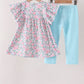 Blue Floral Smocked Ruffle Pants Set