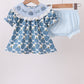 Blue pumpkin bow smocked lace bloomer set