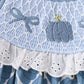 Blue pumpkin bow smocked lace ruffle pants set