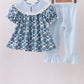 Blue pumpkin bow smocked lace ruffle pants set