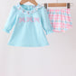 Blue bow french knot ruffle plaid bloomer set