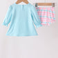 Blue bow french knot ruffle plaid bloomer set