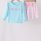 Blue bow french knot plaid skorts set