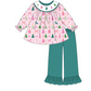 Pink Christmas Tree Embroidery Ruffle Pants Set