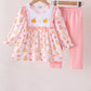 Pink pumpkin bow embroidery ruffle pants set