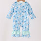 Blue goose bow embroidery ruffle romper