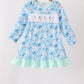 Blue goose bow embroidery ruffle dress