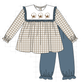 Teal cotton embroidery gingham ruffle pants set
