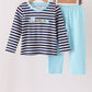 Blue train embroidery stripe pants set