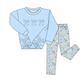 Blue Floral Bow Applique Pants Set