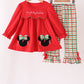 Red christmas character applique gingham ruffle pants set